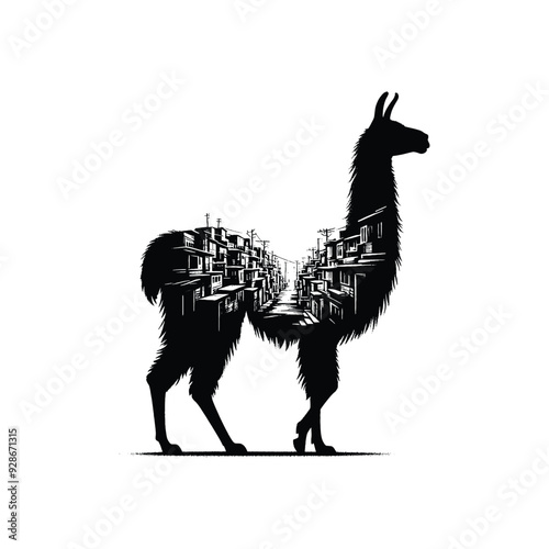 silhouette of Llama filled with ghetto street in rough drawing,