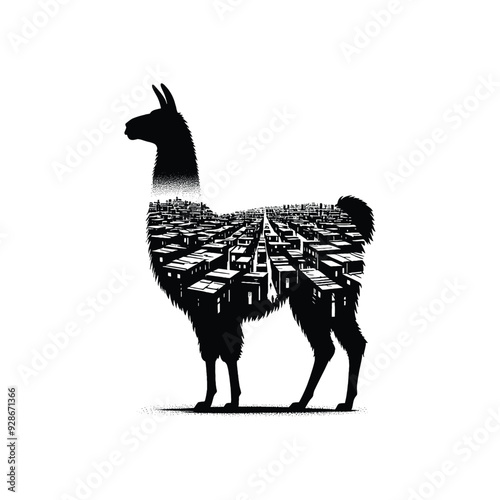 silhouette of Llama filled with ghetto street in rough drawing,