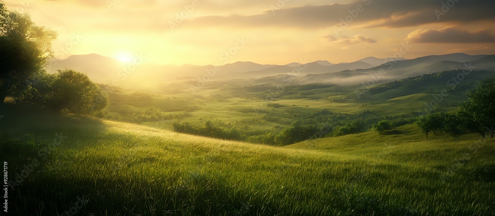 Obraz premium Golden Hour Sunrise Over Rolling Green Hills, a Breathtaking Landscape in Nature