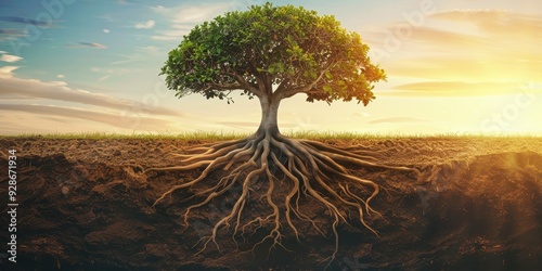 A majestic tree with intricate roots showcased against a golden sunset, symbolizing strength and nature's beauty. photo