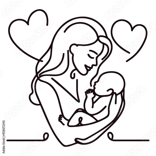 parent and baby, a mother with baby, Mother's Day, love you mom, vector illustration outline, line art.