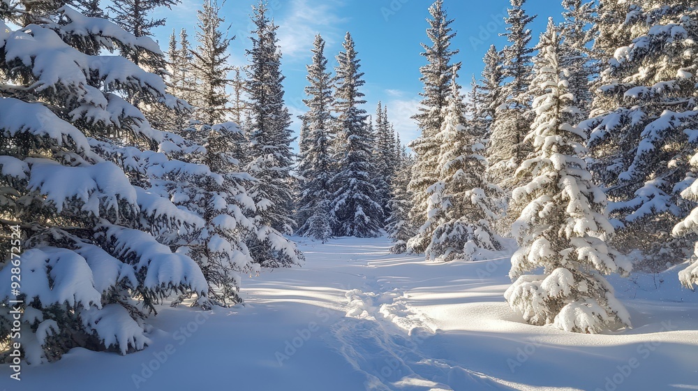 Obraz premium A serene winter landscape with snow-covered trees and a clear blue sky.