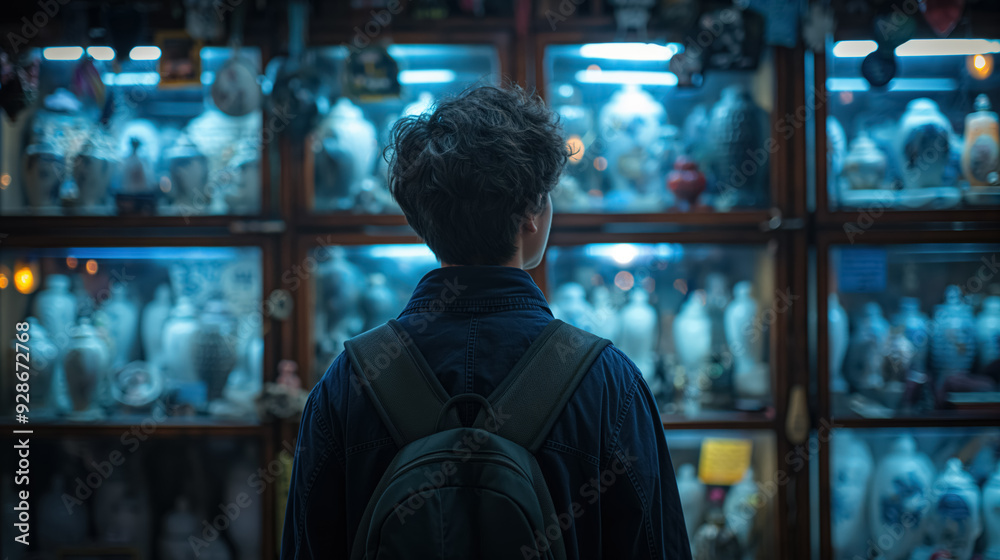 Person with a backpack, facing a wall of illuminated ceramic vases in a dimly lit shop, evoking a sense of curiosity and discovery. Person with a backpack, facing a wall of illuminated ceramic vases in a dimly lit shop, evoking a sense of curiosity and discovery.