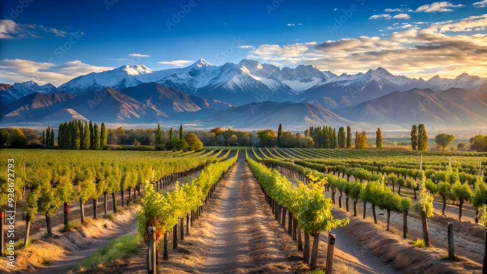 Naklejka premium Vineyard landscape in Mendoza, Argentina with rows of grapevines against a backdrop of the Andes mountains
