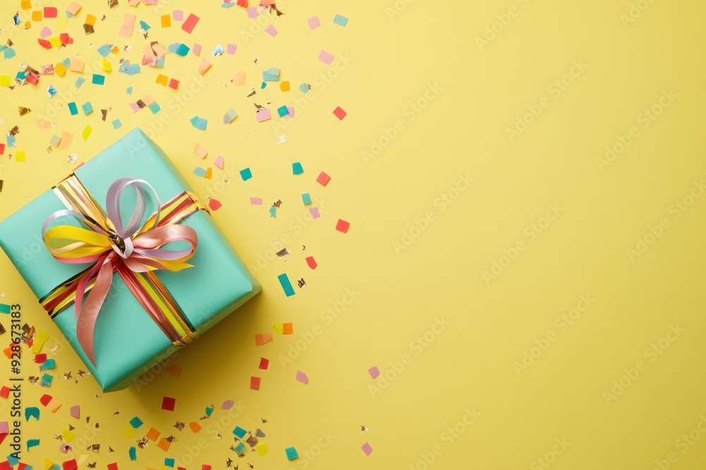 A Teal Gift Box with Colorful Ribbons and Confetti on a Yellow Background A Teal Gift Box with Colorful Ribbons and Confetti on a Yellow Background