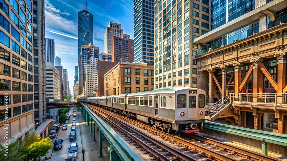 Panoramic view of elevated railway train in Chicago , urban, transportation, cityscape, skyline, elevated Panoramic view of elevated railway train in Chicago , urban, transportation, cityscape, skyline, elevated
