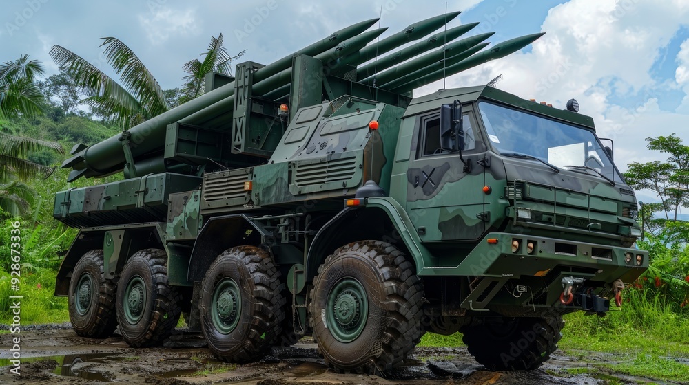Low-angle photo of green RM-70 Vampire Multiple Launch Rocket System with Tatra 813 truck chassis of Indonesian Marine Force. Military Vehicle with no person Low-angle photo of green RM-70 Vampire Multiple Launch Rocket System with Tatra 813 truck chassis of Indonesian Marine Force. Military Vehicle with no person