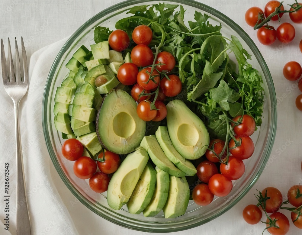A bowl of fresh avocado, tomato, and salad, ready for a delicious meal. A bowl of fresh avocado, tomato, and salad, ready for a delicious meal.