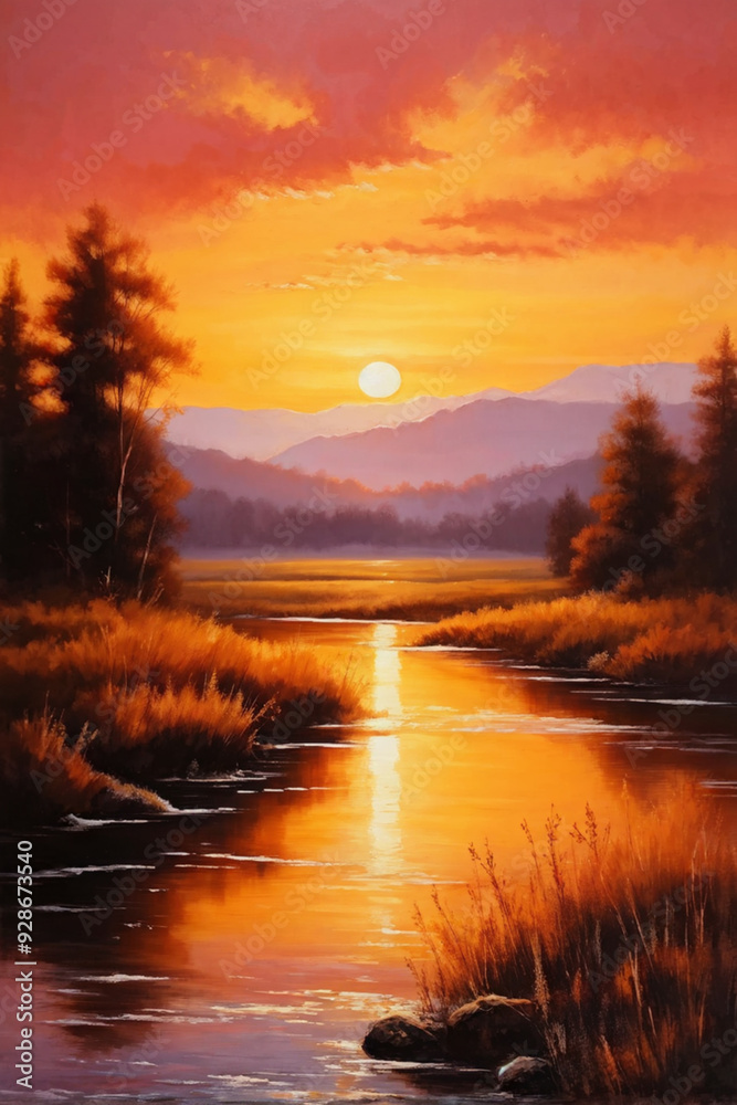 Fototapeta premium Golden Sunset Over Tranquil Natural Landscape