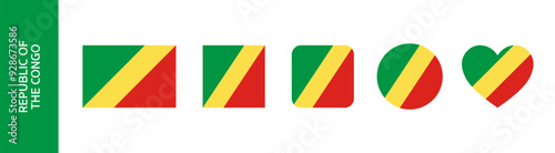 Republic of the Congo flag icon set. Congo-Brazzaville flag sign in round and square set. Flag of Congo in heart and circle