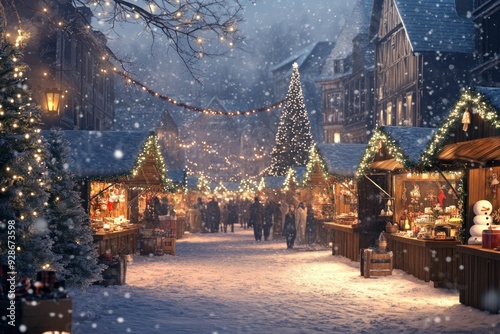 Snowy Christmas Market Street with Wooden Booths and Lights