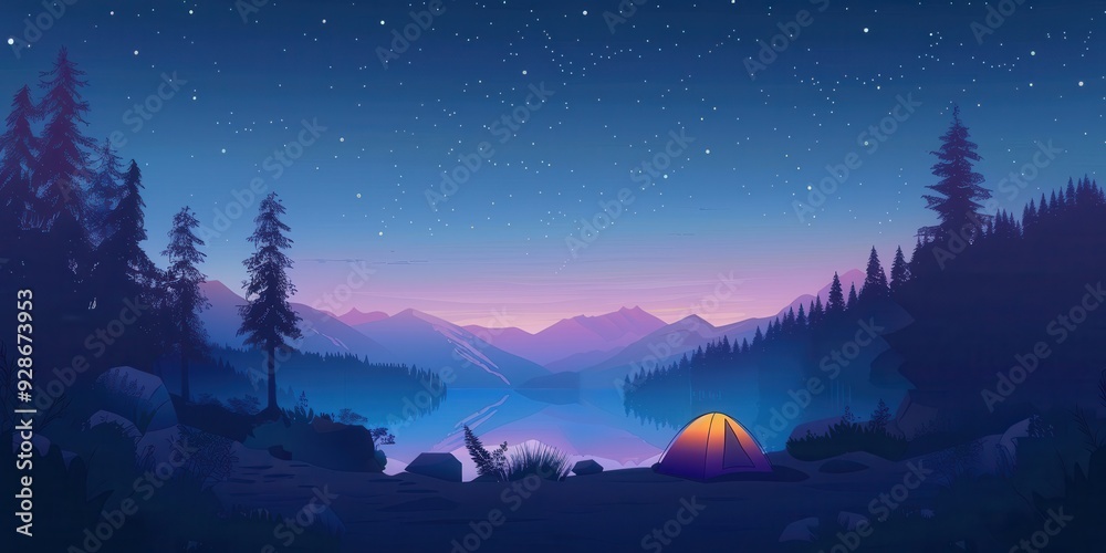 Fototapeta premium A serene night landscape with a camping tent beside a calm lake, surrounded by mountains and sparkling stars.