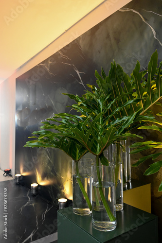 interior design, modern living room, marbled green panel, social event,floor lighting, Thaumatophyllum bipinnatifidum, hollows with foliage, glass vases


 
 photo