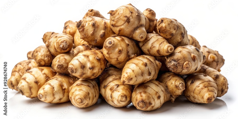 A Pile of Fresh Jerusalem Artichokes, Close-up Photography, White Background, Raw Produce, Jerusalem Artichoke, Artichoke, Vegetable A Pile of Fresh Jerusalem Artichokes, Close-up Photography, White Background, Raw Produce, Jerusalem Artichoke, Artichoke, Vegetable