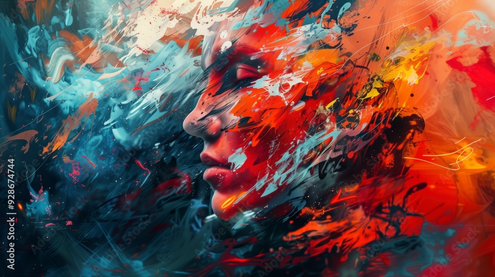 Abstract painting with red, orange, blue, and white colors, and a blurred face. Abstract painting with red, orange, blue, and white colors, and a blurred face.