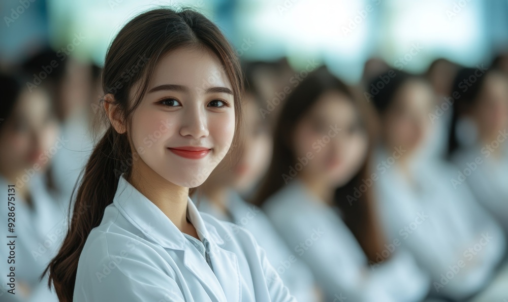 female woman doctor nurse portrait shot smiling cheerful confident standing front row in medical training class or seminar room background,, Generative AI