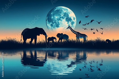 Silhouette elephants in the sunset photo