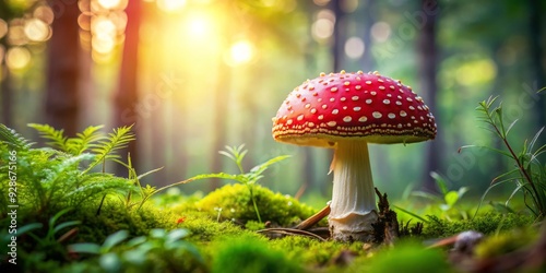 A Single Red Mushroom in a Sun-Drenched Forest, Photography, Nature, Fungi, Mushroom