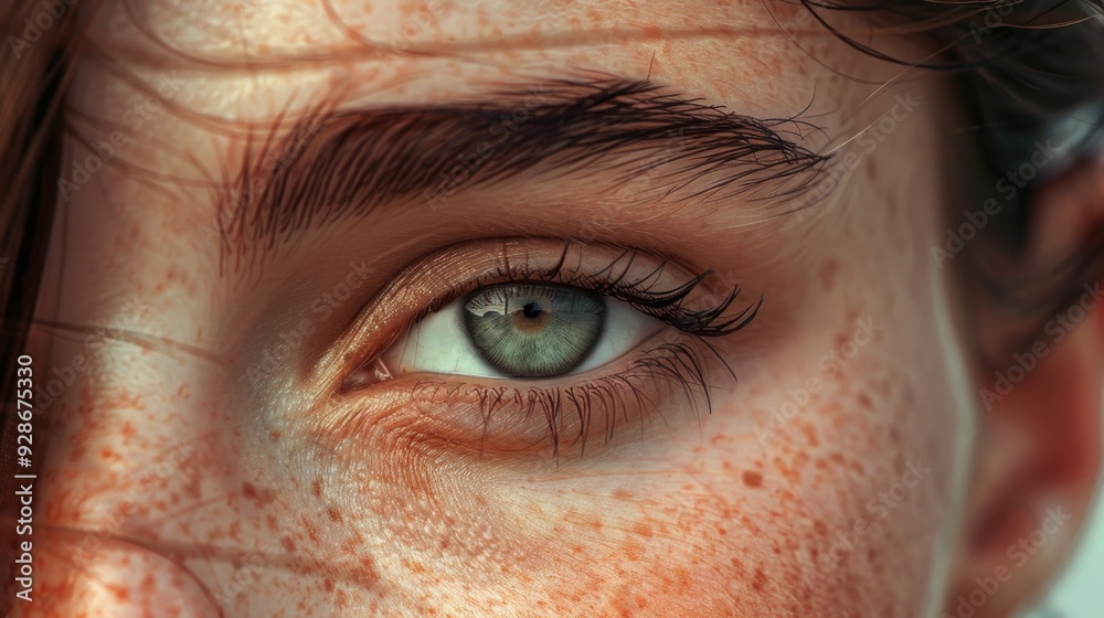 A detailed view of an individual's eye featuring freckles A detailed view of an individual's eye featuring freckles