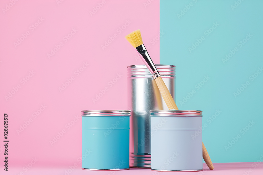 Four open cans of paint on bright symmetry background. Yellow, white, pink, turquoise colors of paint. Place for text. Renovation concept. Four open cans of paint on bright symmetry background. Yellow, white, pink, turquoise colors of paint. Place for text. Renovation concept.
