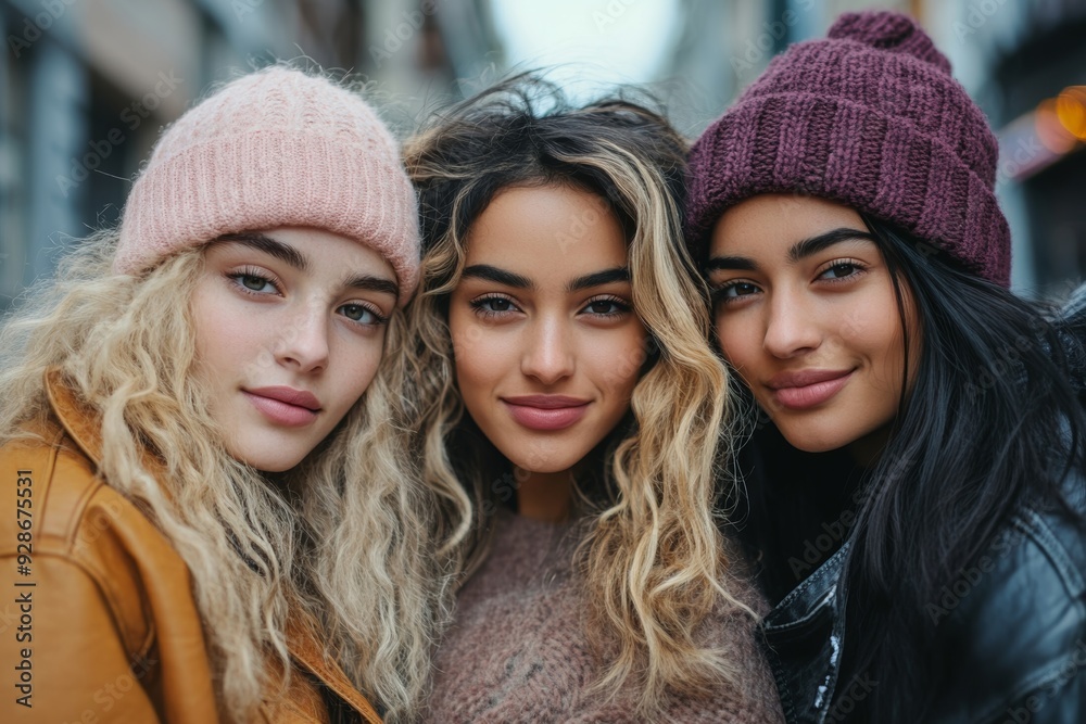 Fototapeta premium Portrait of three young adult female friends in the street, Generative AI