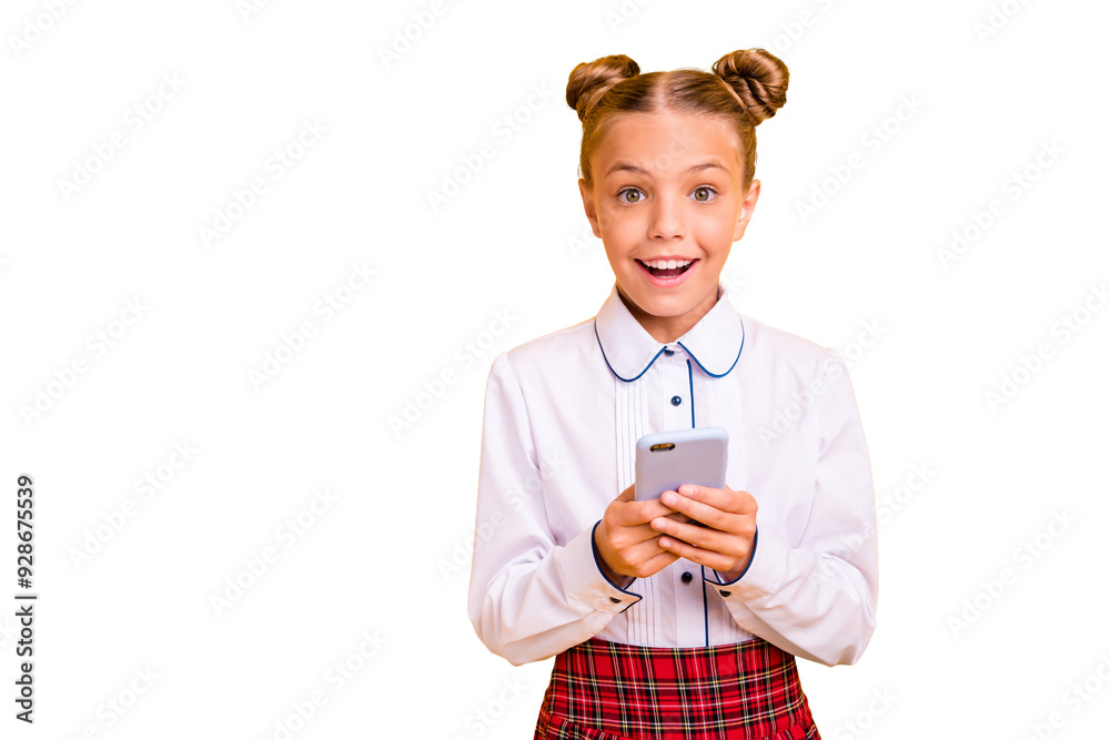 Close-up portrait of nice attractive lovely sweet girlish cheerful cheery positive pre-teen girl in white shirt browsing speed isolated over bright vivid shine yellow background Close-up portrait of nice attractive lovely sweet girlish cheerful cheery positive pre-teen girl in white shirt browsing speed isolated over bright vivid shine yellow background