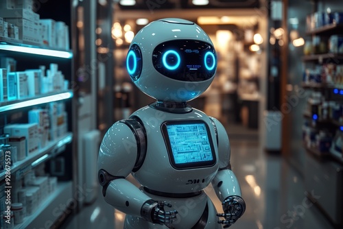 A White Robot with Blue Lights Stands in a Pharmacy Aisle