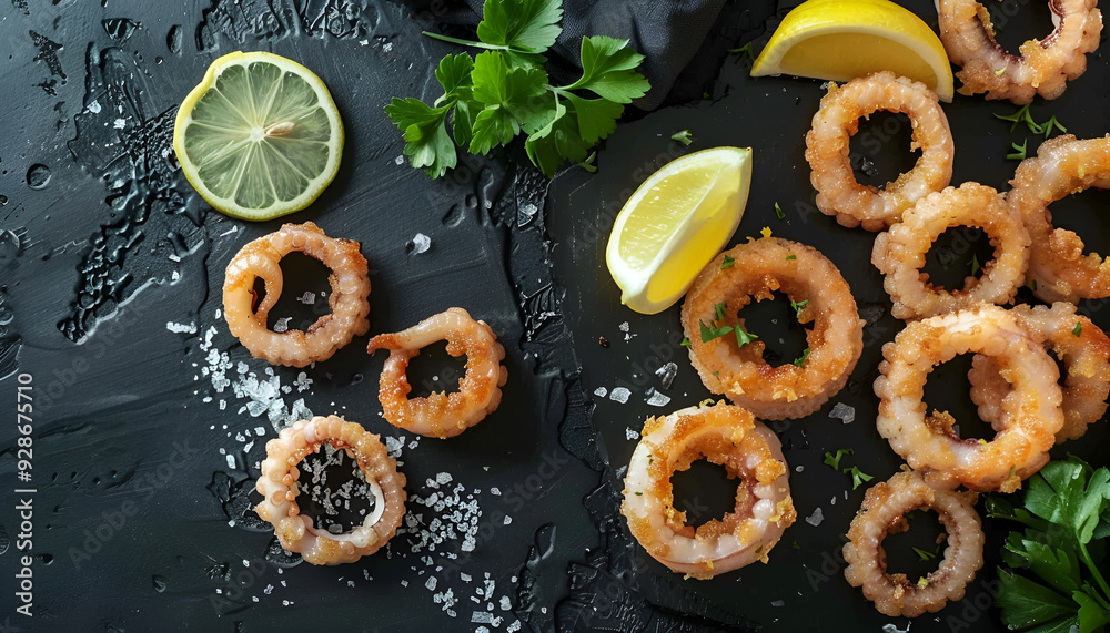 Naklejka premium Rings of squid with lemon and beer on a black background. Snack to beer. Top view with copy space