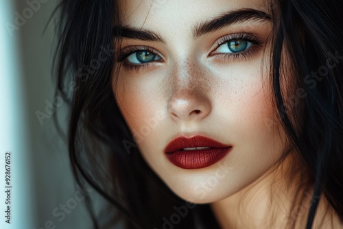 Portrait of beautiful young woman with bright maroon makeup. Beautiful brunette with bright cherry lipstick on her lips. Pretty girl with long black hair. Brunette with brightly colored, Generative AI