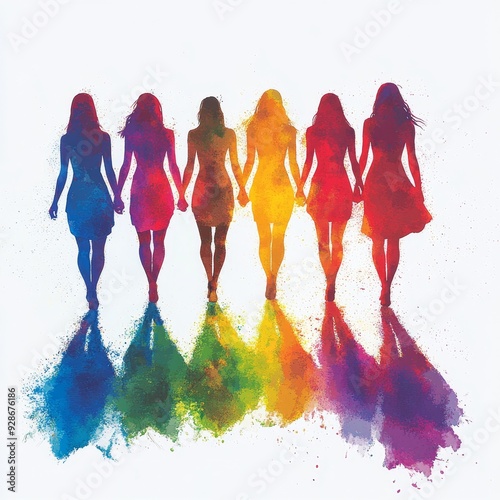 Captivating silhouette of women holding hands in unity, depicted as shadows on white background with vibrant colors on intertwined hands, evoking sorority and empowerment. Generative AI