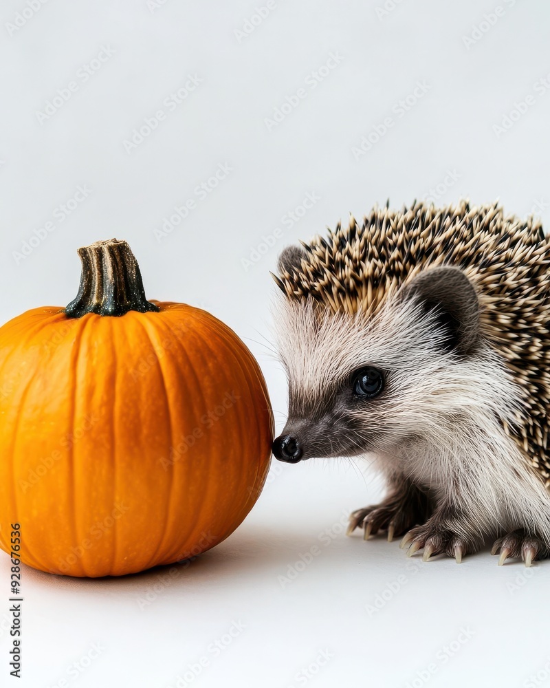 Fototapeta premium Adorable hedgehog sitting next to a small pumpkin on a white background