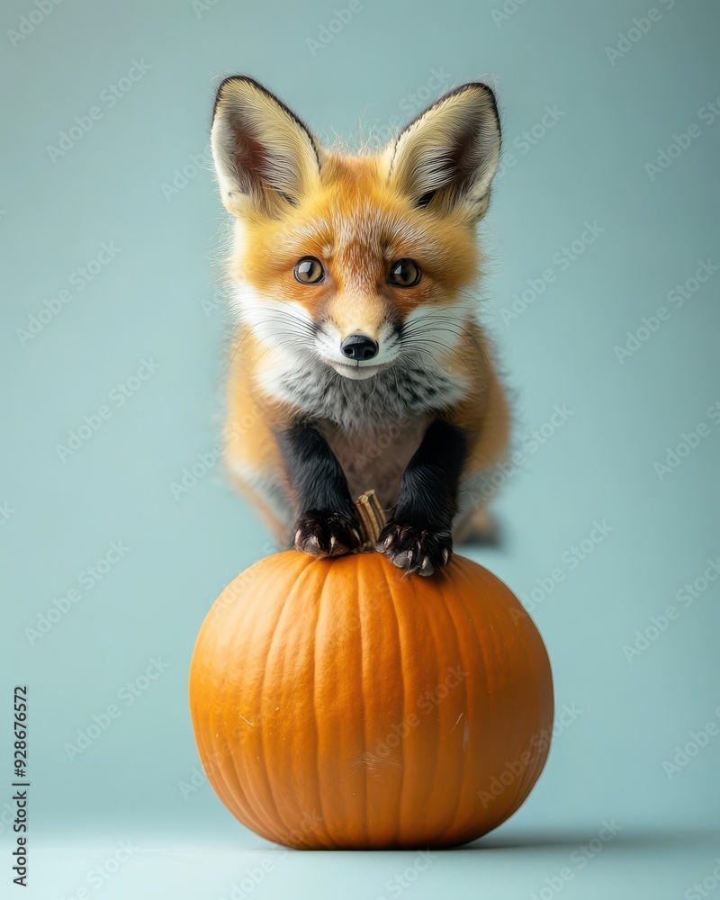 Fototapeta premium Fox climbing on top of a pumpkin on a light background