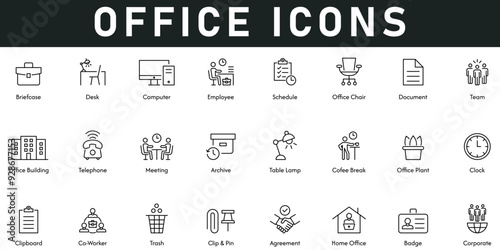 Office Icons vector illustration with thin line editable stroke contains briefcase, desk, computer, employee, schedule, document, team, building, telephone, meeting, corporate, agreement, trash, clock