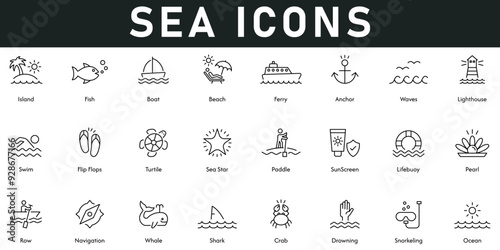 Sea Icons vector illustration with thin line editable stroke contain island, fish, boat, beach, ferry, anchor, waves, swim, ocean, shark, whale, navigation, sea star,    snorkeling, turtle, lighthouse