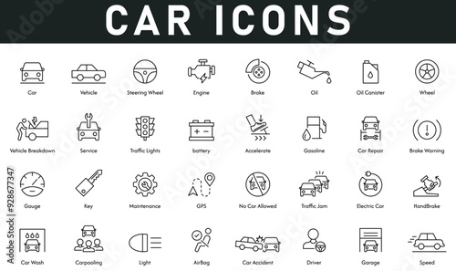 Car Icons vector illustration with thin line editable stroke contains speed, garage, vehicle, brake, oil, wheel, service, repair, key, gauge, maintenance, GPS, handbrake, airbag, light, carpooling