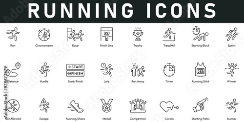 Running Icons vector illustration with thin line editable stroke contains chronometer, race, finish line, trophy, treadmill, starting block, sprint, runner, competition, shoes, medal, cardio, winner