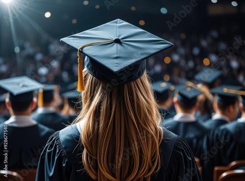 Graduation ceremony rearview: Graduate in cap and gown celebrating educational success and achievement photo