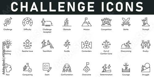 Challenge Icons vector illustration with thin line editable stroke contains difficulty, obstacles, mission, competition, battle, triumph, problem solving, teamwork, hurdles, rivalry, struggle, courage