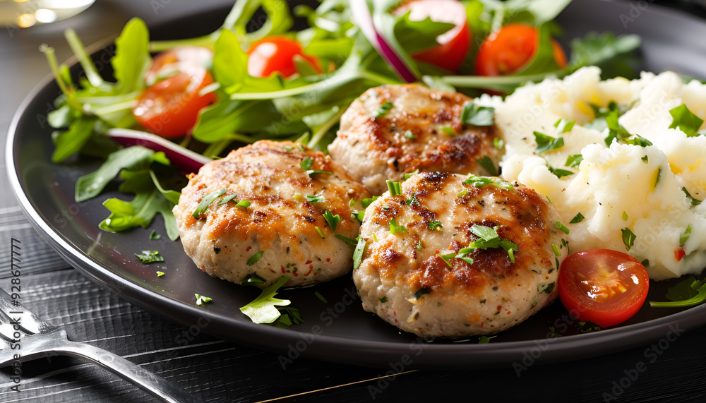 Turkey patties served with mashed potato and fresh salad Turkey patties served with mashed potato and fresh salad
