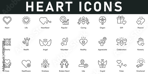 Heart Icons vector illustration with thin line editable stroke contain life, heartbeat, popular, gift, emotional, like, broken heart, kindness, healthcare, honesty, celebration, healthy, angel