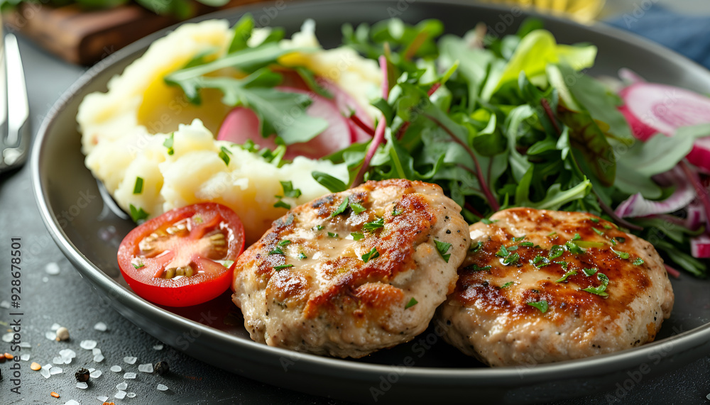 Turkey patties served with mashed potato and fresh salad Turkey patties served with mashed potato and fresh salad