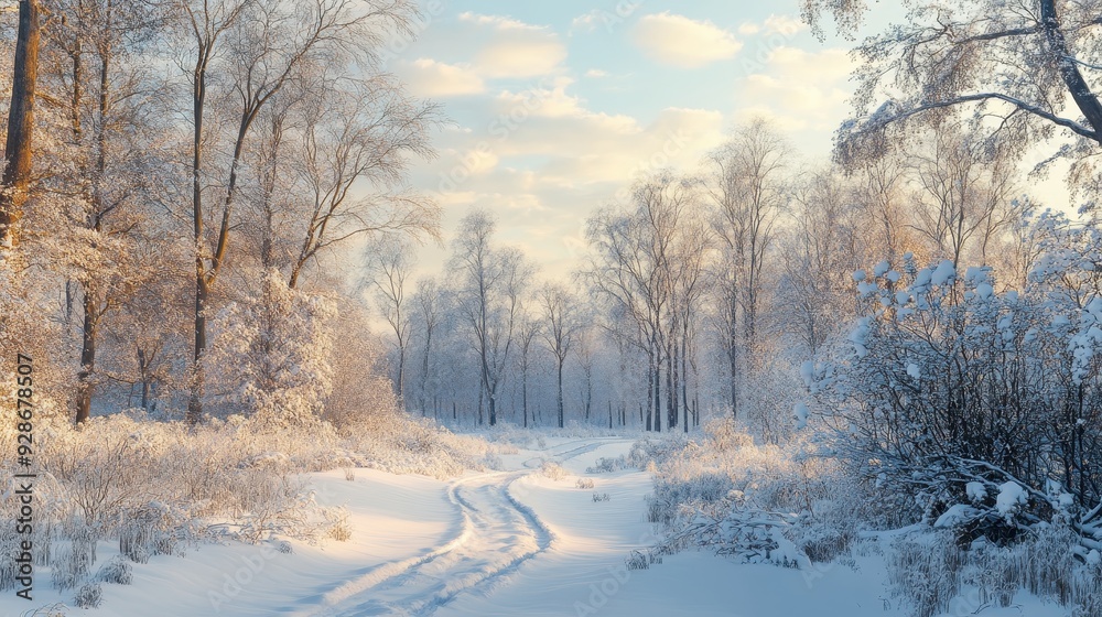 A serene winter landscape with snow-covered trees and a winding path under a cloudy sky. A serene winter landscape with snow-covered trees and a winding path under a cloudy sky.