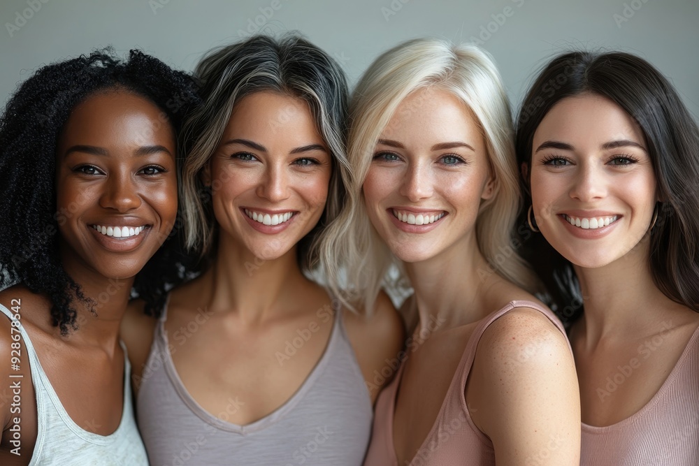 Fototapeta premium Happy women with different skin tones smiling at the camera in a studio, Generative AI