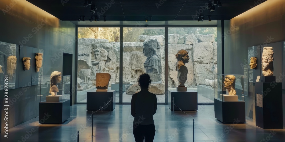 Fototapeta premium A visitor admiring ancient sculptures in a modern museum, surrounded by historical artifacts and beautiful architecture.