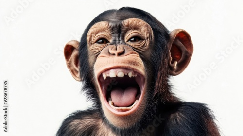 A close-up of a joyful baby chimpanzee with mouth open, displaying joy in a playful and lively atmosphere against a white background.