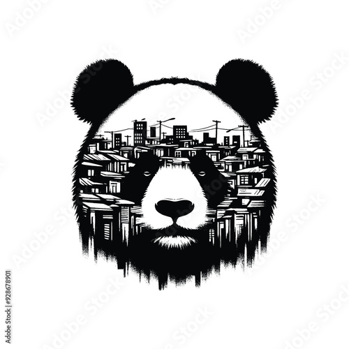 silhouette of panda filled with ghetto street in rough drawing,