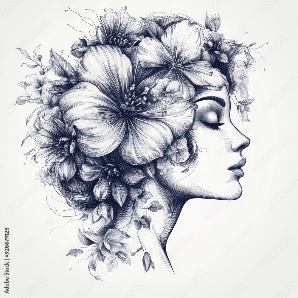 Fototapeta premium Hand drawn floral women head. Fashion design, Generative AI