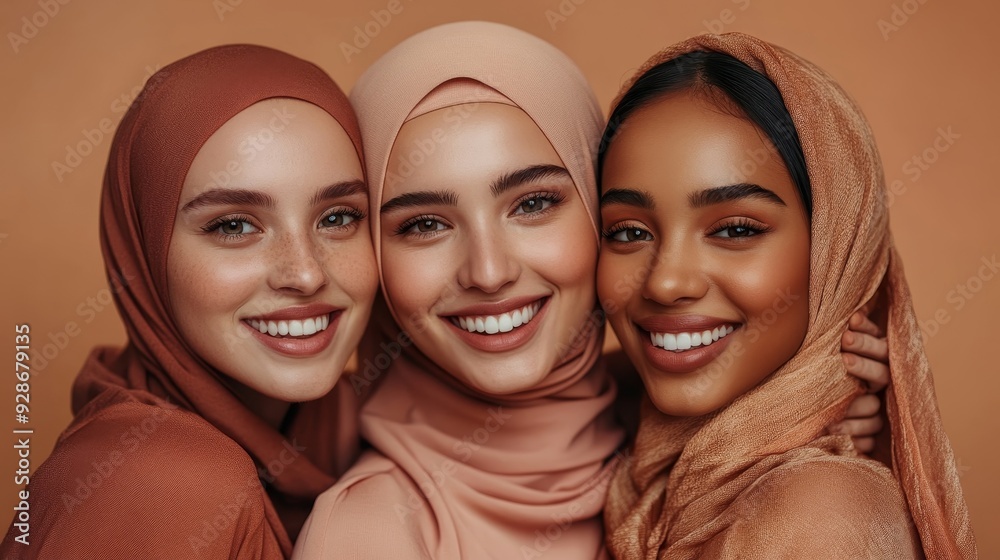 Skincare, diversity and women hug portrait for inclusivity, happiness and healthy skin texture. Interracial beauty and model group with woman in hijab, Generative AI Skincare, diversity and women hug portrait for inclusivity, happiness and healthy skin texture. Interracial beauty and model group with woman in hijab, Generative AI