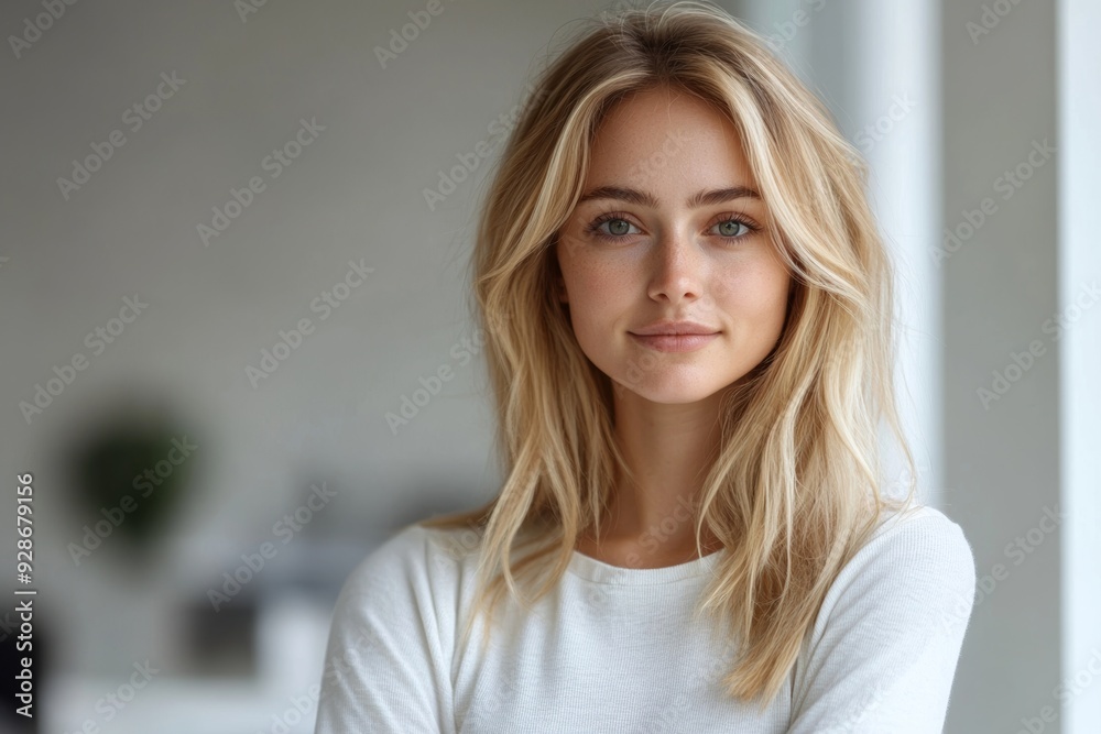 Image of attractive elegant blonde woman standing in white office, Generative AI Image of attractive elegant blonde woman standing in white office, Generative AI