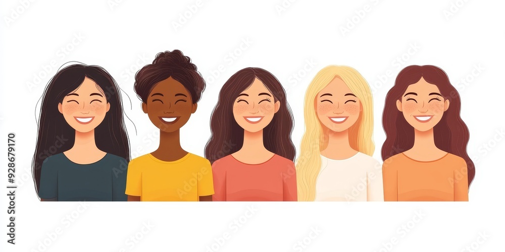 Group of happy smiling women of different race together. Flat style illustration isolated on white. Feminism diversity tolerance girl power concept, Generative AI